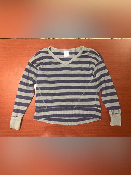 aerie Tops - aerie Striped V-Neck Long Sleeve Top in Navy and Gray